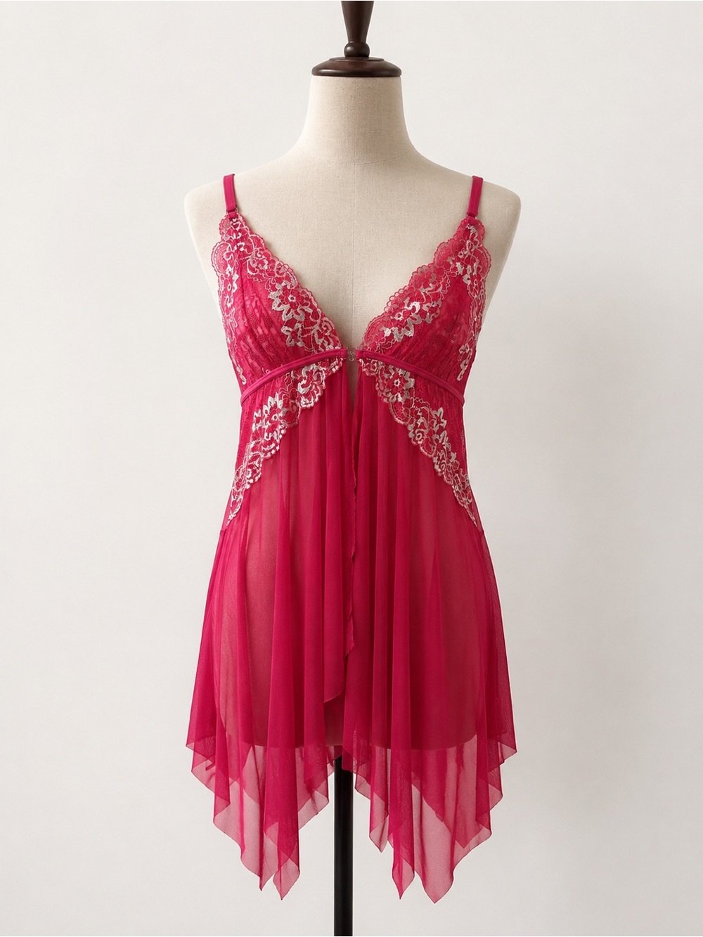Y2K Sheer Lace Babydoll Chemise Pink Mesh Handkerchief Hem Fairy Lingerie Medium